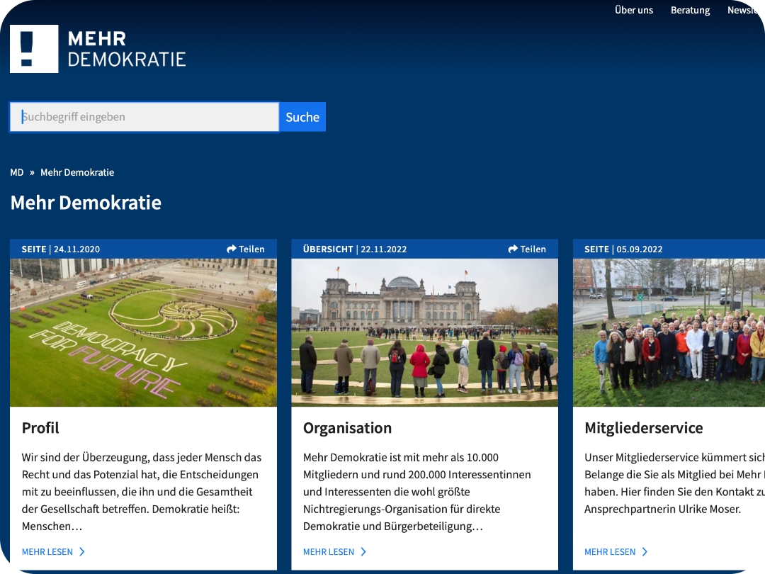 Mehr Demokratie Nettsted Skjermdump Bilde fra nettstedet til til den tyske organisasjonen Mehr Demokratie