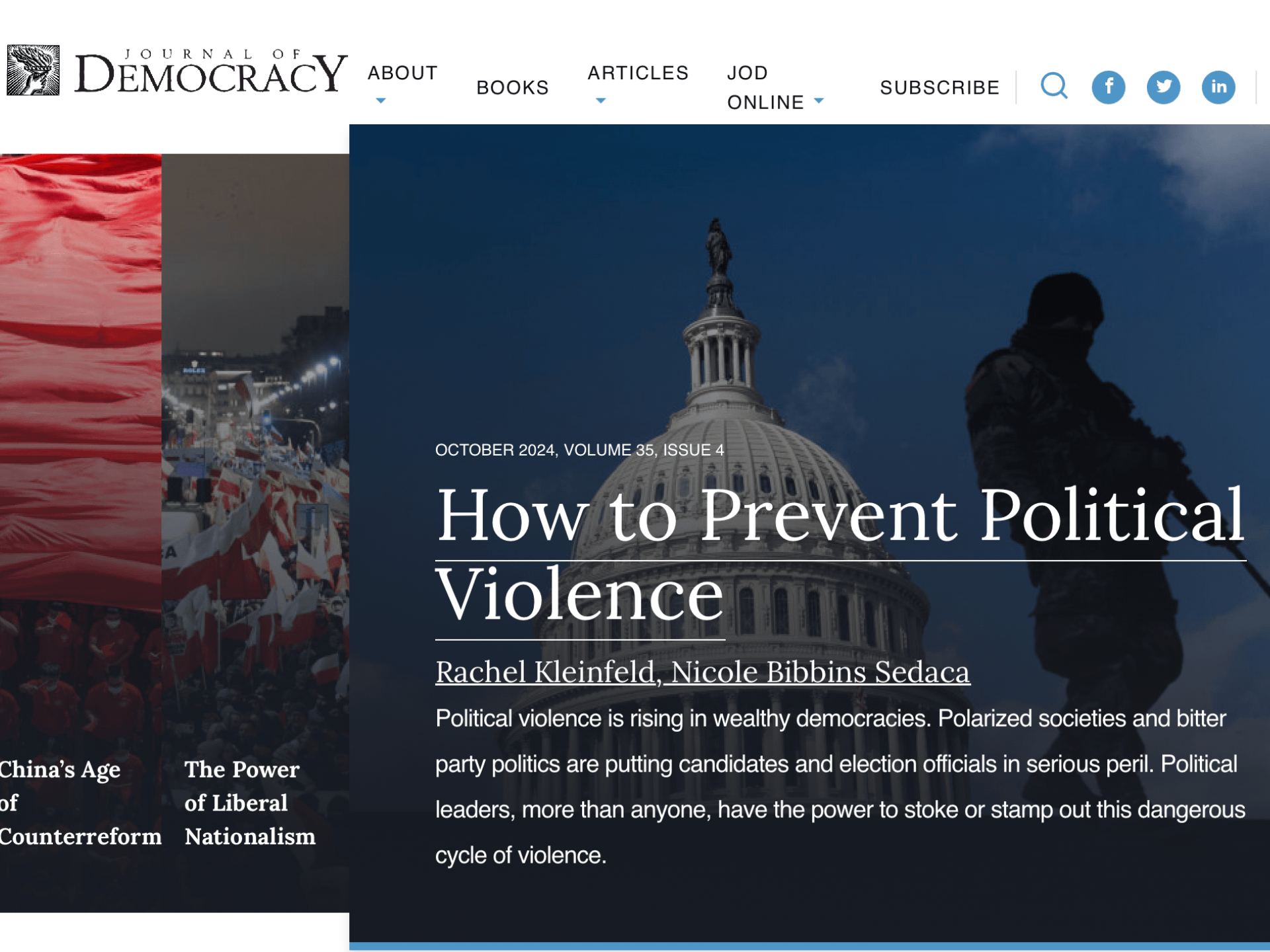 Skjermdump forside The Journal of Democracy tilknyttet presentasjon av tidsskriftet
