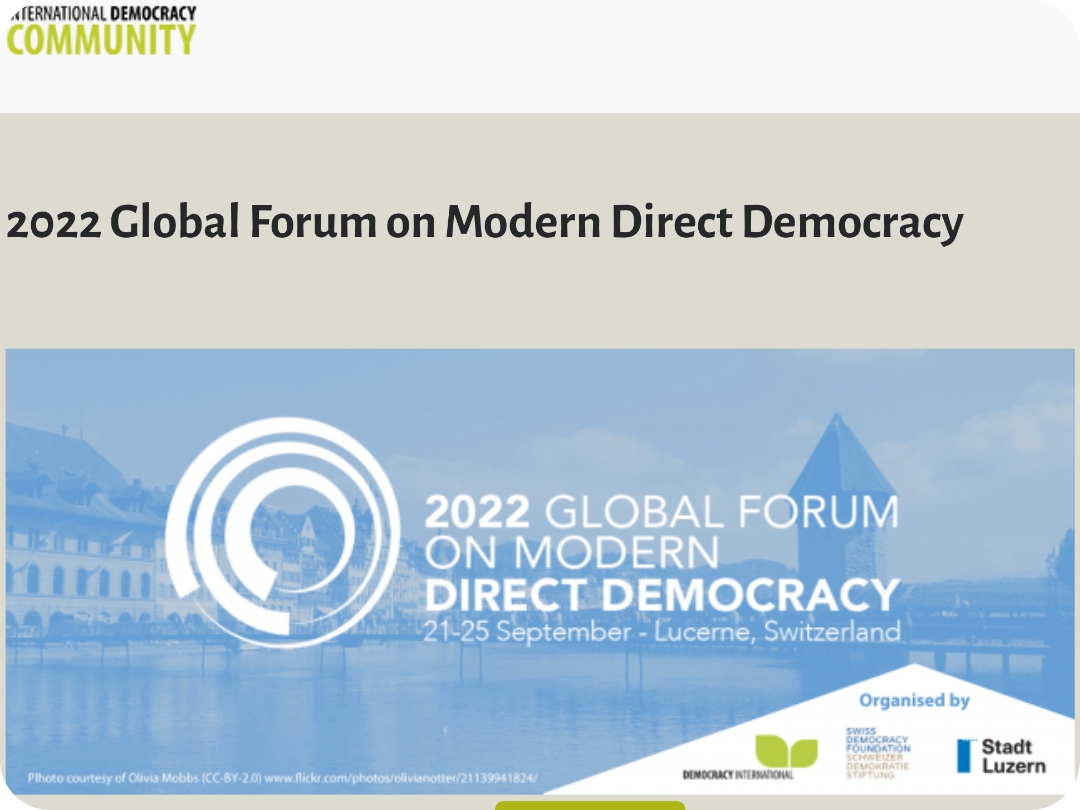Skjermdump Globalt Demokrati Forum Skjermdump tilknyttet Global Forum on Modern Direct Democracy brukt tilknyttet presentasjon av samtale fra forumet i 2022