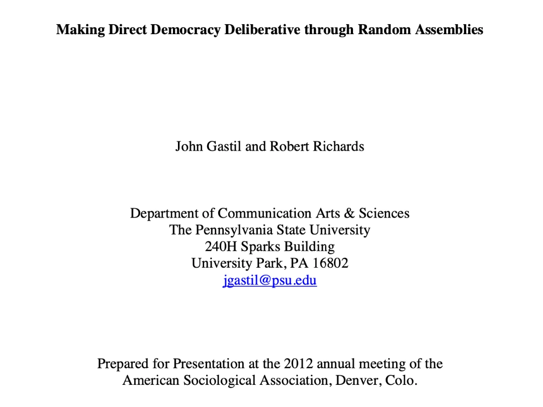 Making Direct Democracy Deliberative Rapport 2012 Faksimile av essay om hvordan folkeavstemninger kan styrkes gjennom tilfeldig sammensatte deliberative forsamlinger