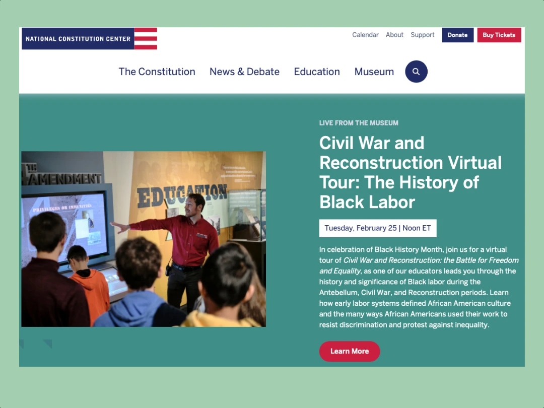National Constitution Center faksimile nettsted Faksimile av National Constitution Center sitt nettstedet tilknyttet artikkel om senteret